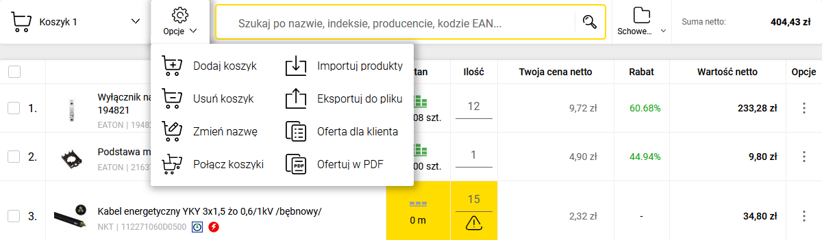 opcje na koszyku